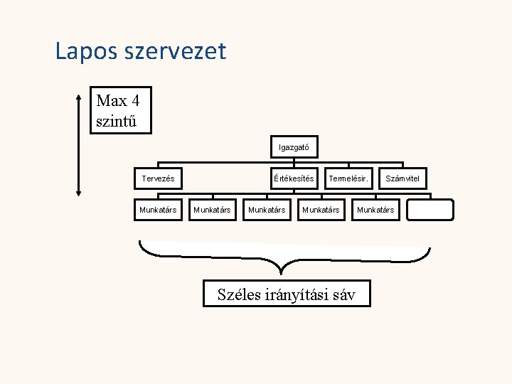 Lapos szervezet Max 4 szintű Igazgató Tervezés Munkatárs Értékesítés Munkatárs Termelésir. Munkatárs Széles irányítási