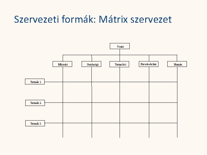 Szervezeti formák: Mátrix szervezet Vezér Műszaki Termék 1. Termék 2. Termék 3. Gazdasági Termelési