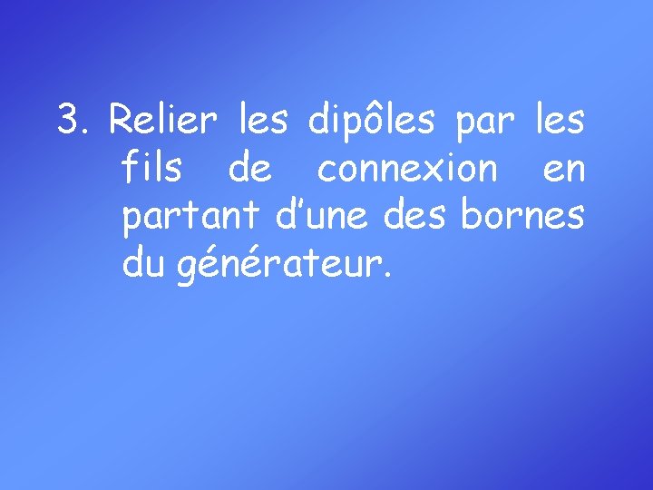 3. Relier les dipôles par les fils de connexion en partant d’une des bornes