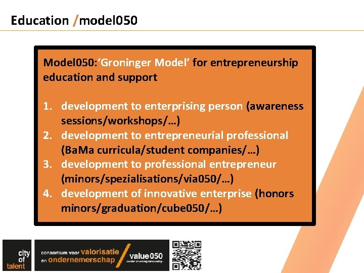 Education /model 050 Model 050: ‘Groninger Model’ for entrepreneurship education and support 1. development Education /model 050 Model 050: ‘Groninger Model’ for entrepreneurship education and support 1. development