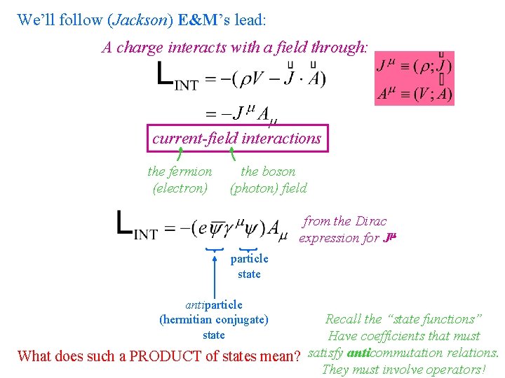 We’ll follow (Jackson) E&M’s lead: A charge interacts with a field through: current-field interactions