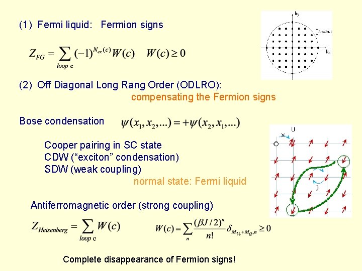 (1) Fermi liquid: Fermion signs (2) Off Diagonal Long Rang Order (ODLRO): compensating the