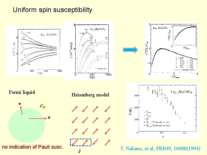 Uniform spin susceptibility Fermi liquid no indication of Pauli susc. Heisenberg model J T.