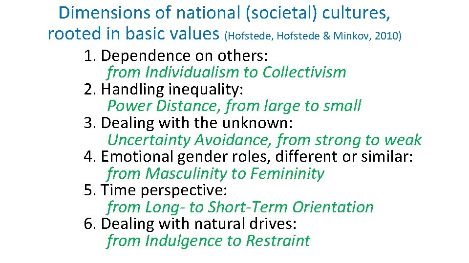 Dimensions of national (societal) cultures, rooted in basic values (Hofstede, Hofstede & Minkov, 2010)