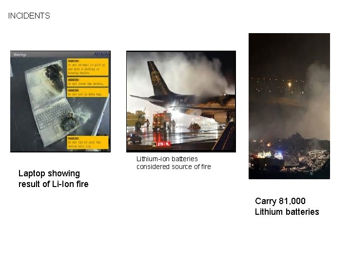 INCIDENTS Laptop showing result of Li-Ion fire Lithium-ion batteries considered source of fire Carry