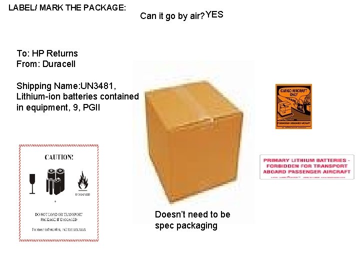 LABEL/ MARK THE PACKAGE: Can it go by air? YES To: HP Returns From: