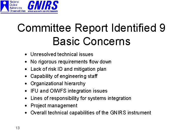 Committee Report Identified 9 Basic Concerns · · · · · 13 Unresolved technical