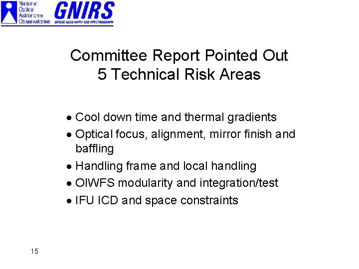 Committee Report Pointed Out 5 Technical Risk Areas · Cool down time and thermal