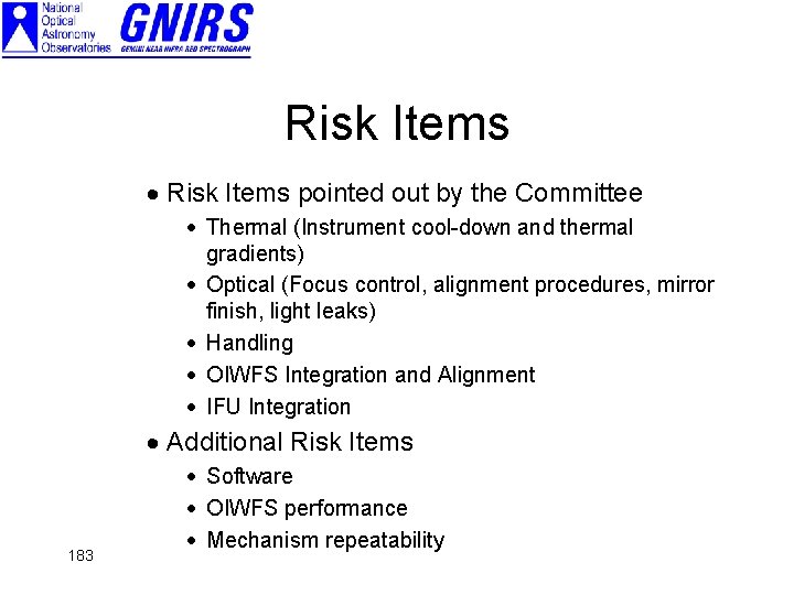 Risk Items · Risk Items pointed out by the Committee · Thermal (Instrument cool-down
