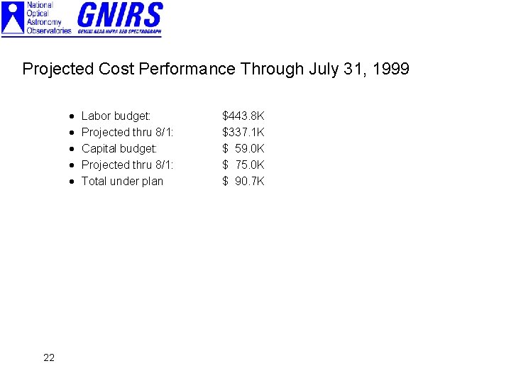 Projected Cost Performance Through July 31, 1999 · · · 22 Labor budget: Projected