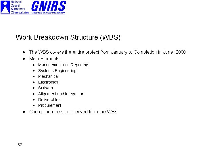 Work Breakdown Structure (WBS) · The WBS covers the entire project from January to