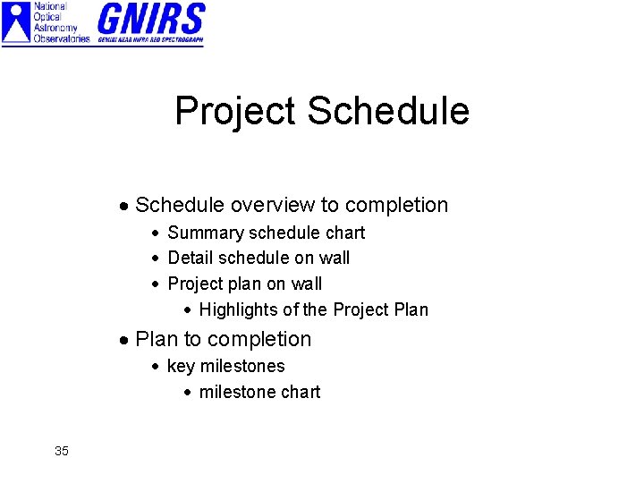 Project Schedule · Schedule overview to completion · Summary schedule chart · Detail schedule