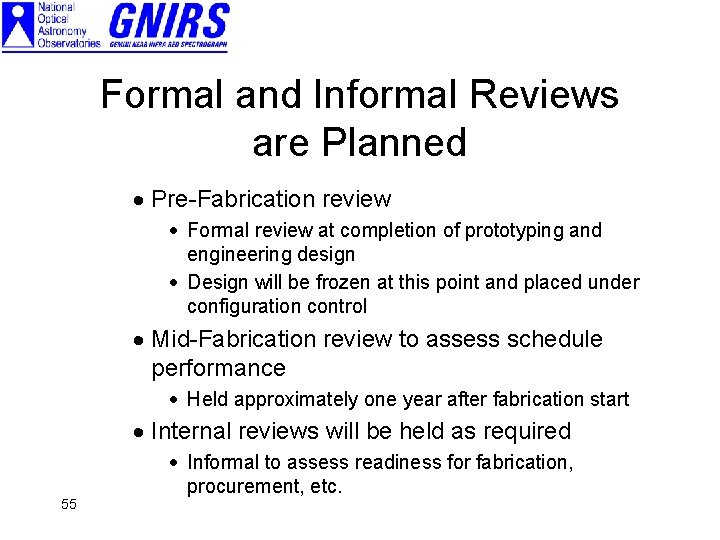 Formal and Informal Reviews are Planned · Pre-Fabrication review · Formal review at completion