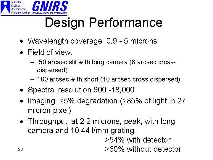 Design Performance · Wavelength coverage: 0. 9 - 5 microns · Field of view: