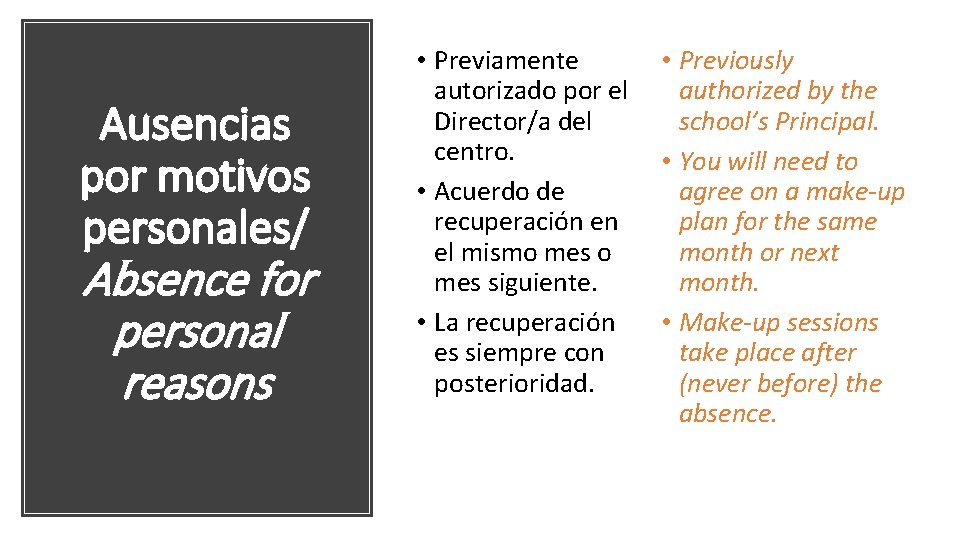 Ausencias por motivos personales/ Absence for personal reasons • Previamente • Previously autorizado por