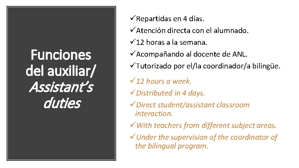 Funciones del auxiliar/ Assistant’s duties üRepartidas en 4 días. üAtención directa con el alumnado.