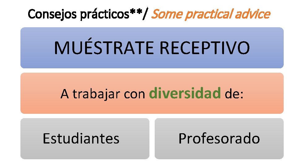 Consejos prácticos**/ Some practical advice MUÉSTRATE RECEPTIVO A trabajar con diversidad de: Estudiantes Profesorado