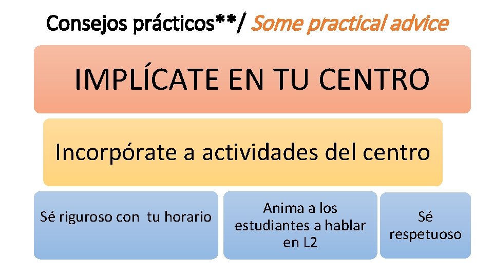 Consejos prácticos**/ Some practical advice IMPLÍCATE EN TU CENTRO Incorpórate a actividades del centro