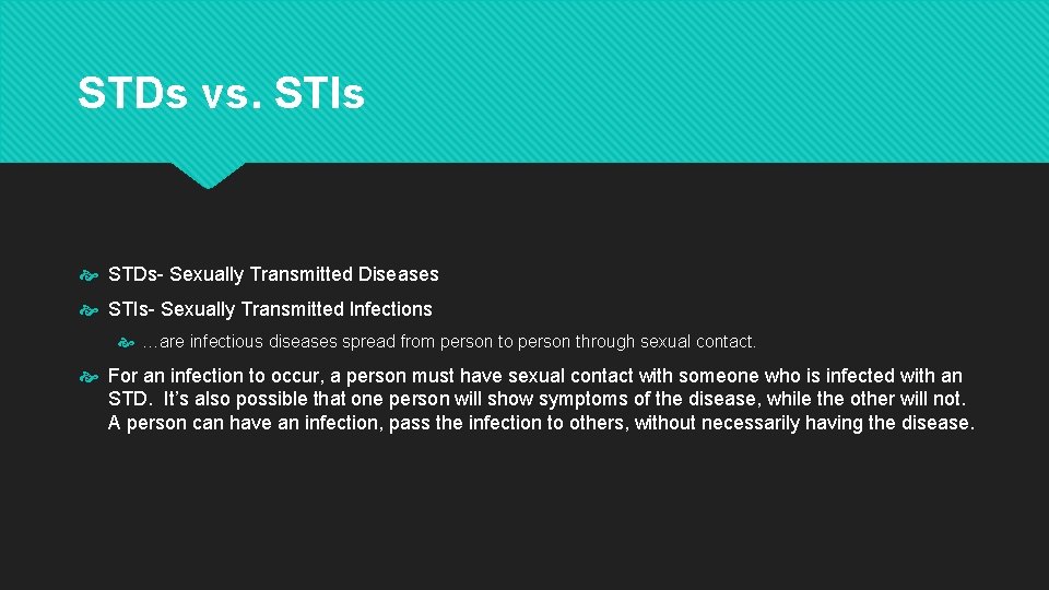 STDs vs. STIs STDs- Sexually Transmitted Diseases STIs- Sexually Transmitted Infections …are infectious diseases STDs vs. STIs STDs- Sexually Transmitted Diseases STIs- Sexually Transmitted Infections …are infectious diseases
