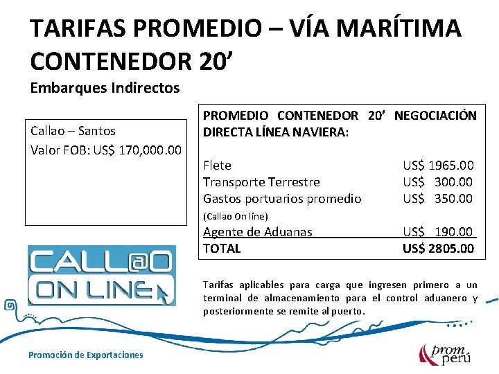 TARIFAS PROMEDIO – VÍA MARÍTIMA CONTENEDOR 20’ Embarques Indirectos Callao – Santos Valor FOB: