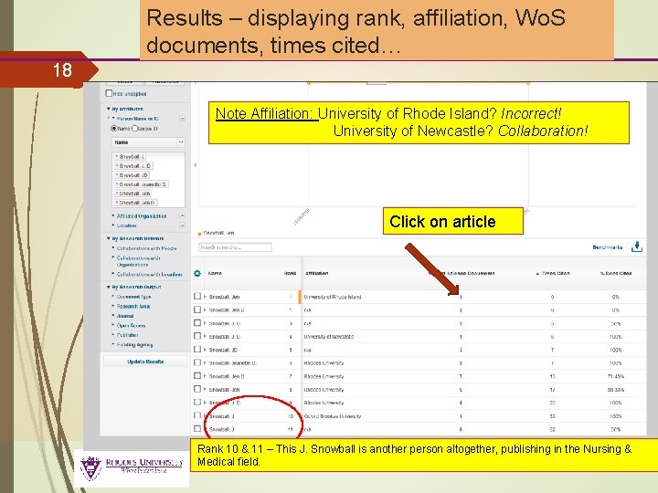 Results – displaying rank, affiliation, Wo. S documents, times cited… 18 Note Affiliation: University