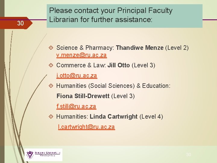 30 Please contact your Principal Faculty Librarian for further assistance: Science & Pharmacy: Thandiwe