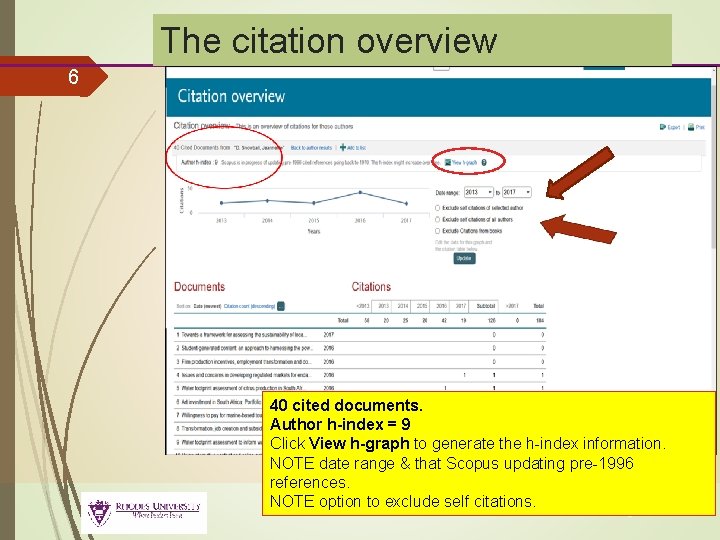 The citation overview 6 40 cited documents. Author h-index = 9 Click View h-graph
