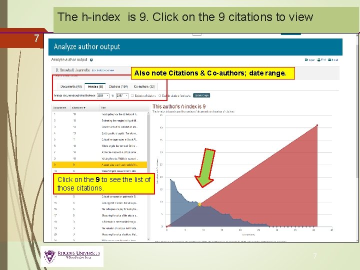 The h-index is 9. Click on the 9 citations to view 7 Also note