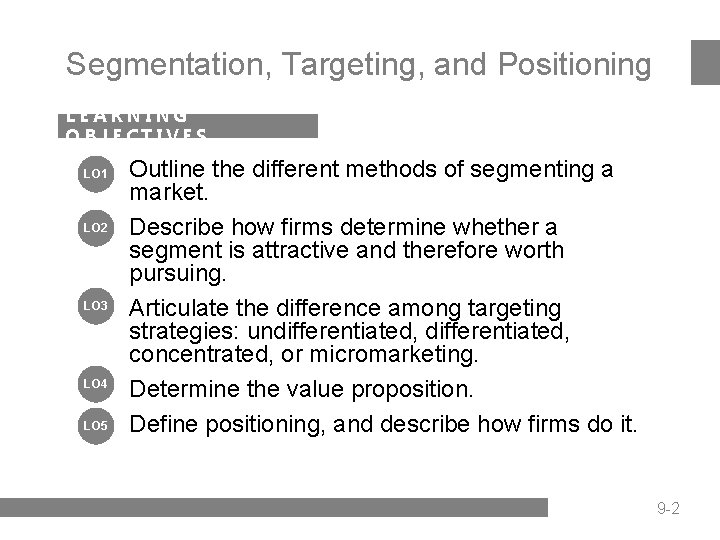 Segmentation, Targeting, and Positioning LEARNING OBJECTIVES LO 1 LO 2 LO 3 LO 4