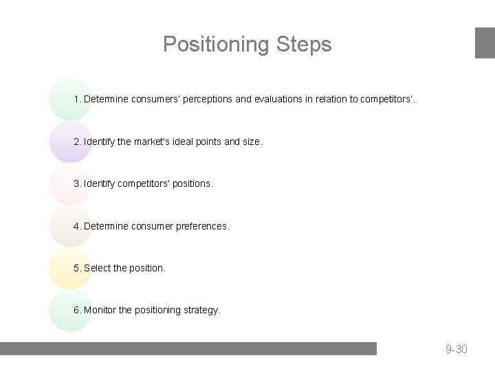 Positioning Steps 1. Determine consumers’ perceptions and evaluations in relation to competitors’. 2. Identify