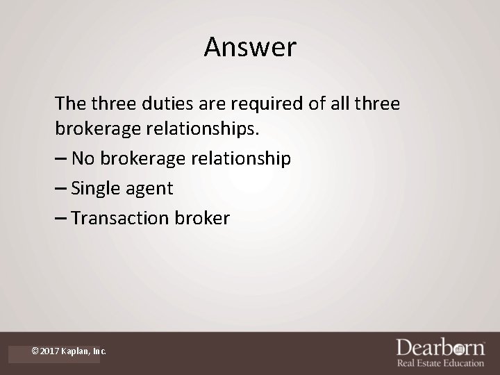 Answer The three duties are required of all three brokerage relationships. – No brokerage