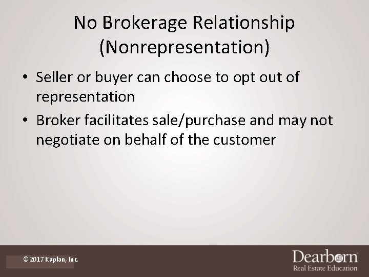 No Brokerage Relationship (Nonrepresentation) • Seller or buyer can choose to opt out of