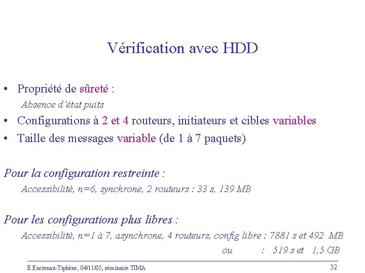 Vérification avec HDD • Propriété de sûreté : Absence d’état puits • Configurations à