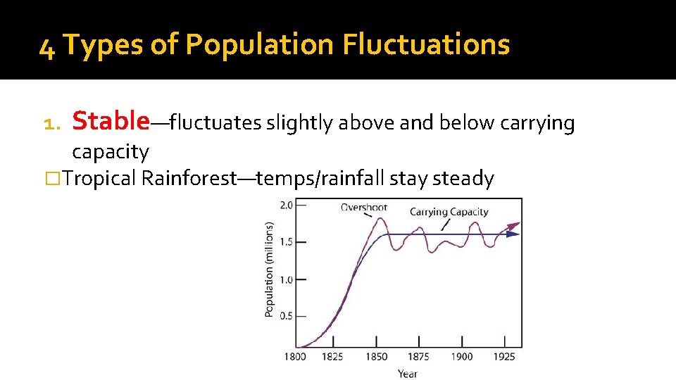 4 Types of Population Fluctuations 1. Stable—fluctuates slightly above and below carrying capacity �Tropical