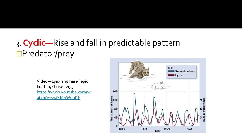 3. Cyclic—Rise and fall in predictable pattern �Predator/prey Video—Lynx and hare “epic hunting chase”