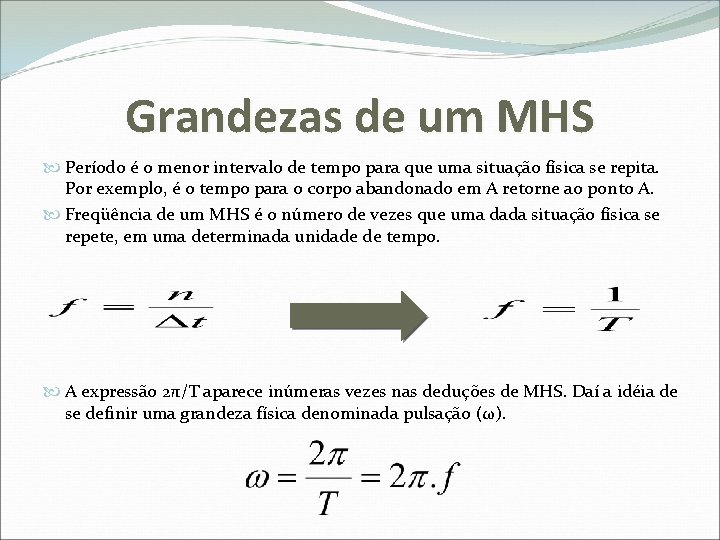 Grandezas de um MHS Período é o menor intervalo de tempo para que uma