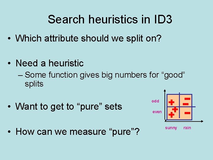 Search heuristics in ID 3 • Which attribute should we split on? • Need