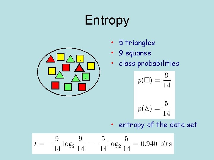 Entropy. . . • 5 triangles • 9 squares • class probabilities. • entropy