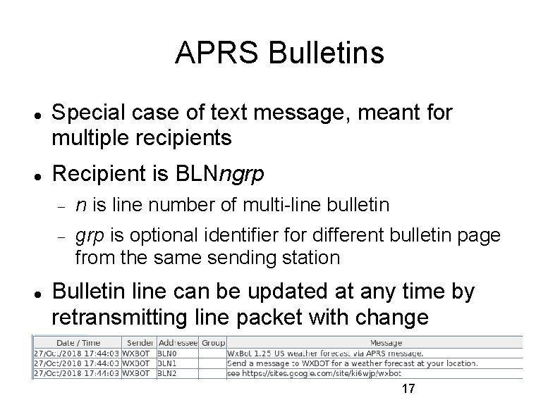 APRS Bulletins Special case of text message, meant for multiple recipients Recipient is BLNngrp