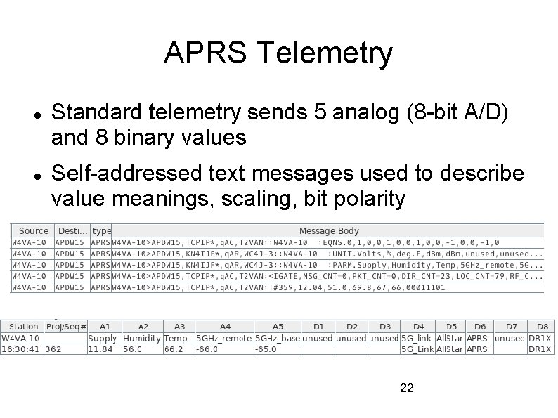 APRS Telemetry Standard telemetry sends 5 analog (8 -bit A/D) and 8 binary values