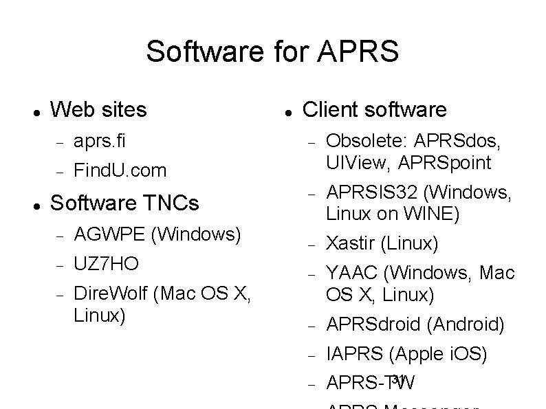 Software for APRS Web sites aprs. fi Find. U. com Software TNCs AGWPE (Windows)