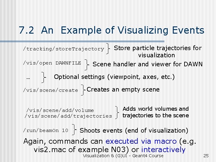 7. 2 An Example of Visualizing Events Store particle trajectories for visualization Scene handler