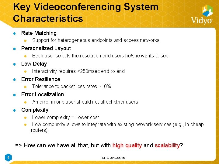 Key Videoconferencing System Characteristics Rate Matching Support for heterogeneous endpoints and access networks Personalized Key Videoconferencing System Characteristics Rate Matching Support for heterogeneous endpoints and access networks Personalized