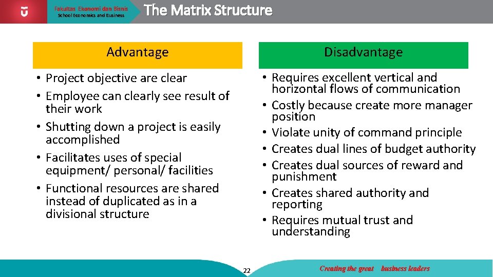 Fakultas Ekonomi dan Bisnis School Economics and Business The Matrix Structure Advantage Disadvantage •