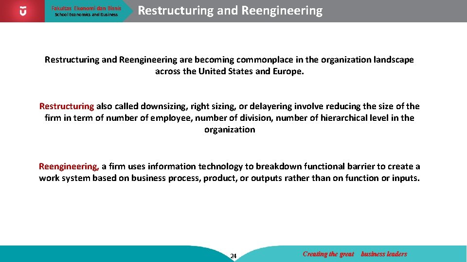 Fakultas Ekonomi dan Bisnis School Economics and Business Restructuring and Reengineering Telkom University Restructuring