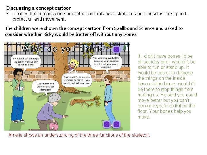 Discussing a concept cartoon • identify that humans and some other animals have skeletons