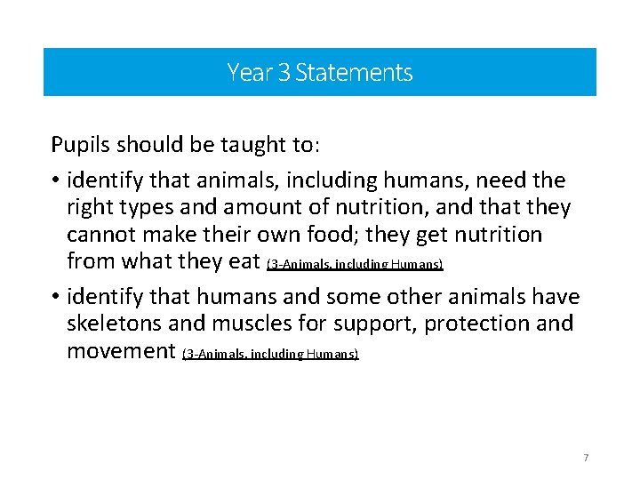 Year 3 Statements Pupils should be taught to: • identify that animals, including humans,