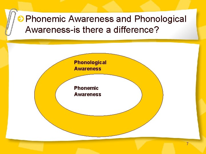 Phonemic Awareness and Phonological Awareness-is there a difference? Phonological Awareness Phonemic Awareness 7 