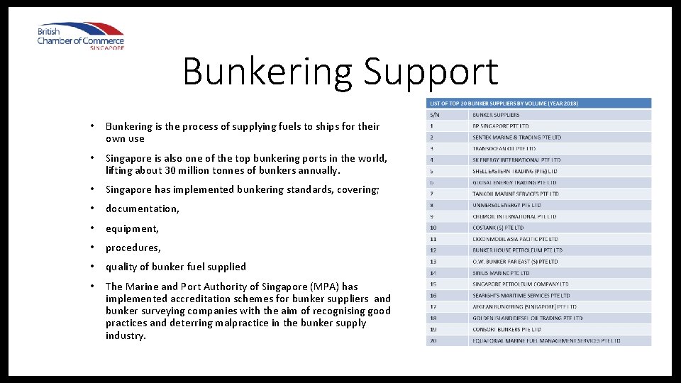 Bunkering Support • Bunkering is the process of supplying fuels to ships for their