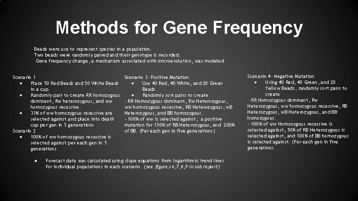 Methods for Gene Frequency Beads were use to represent species in a population. Two